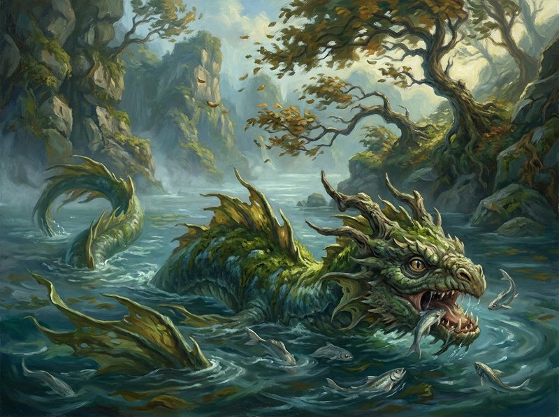 Green sea dragon surfacing in a misty river among rocky cliffs and autumn trees.