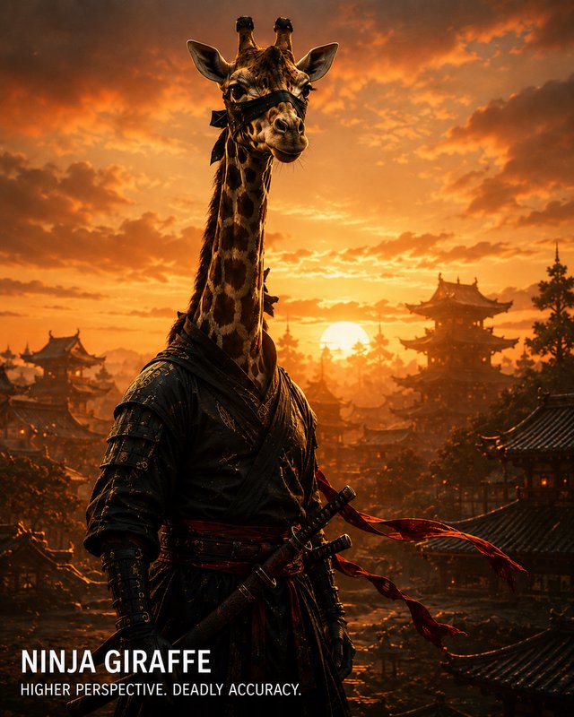 Giraffe wearing ninja armor with a katana, set against a dramatic sunset over an Asian-inspired village.