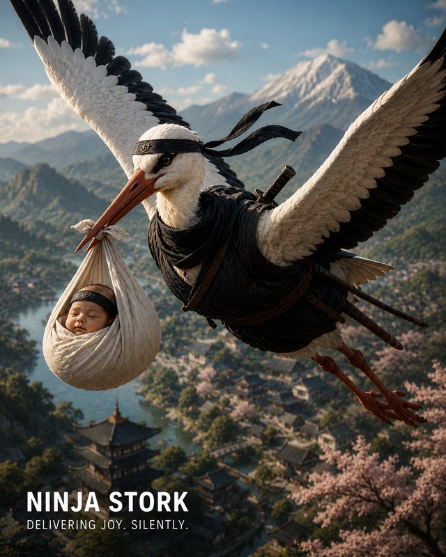 Stork in flight carrying a swaddled baby over a mountainous temple landscape.
