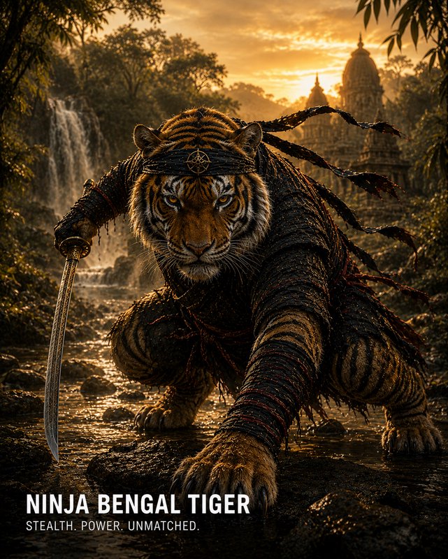Bengal tiger in ninja armor brandishing a sword in a jungle at sunset.