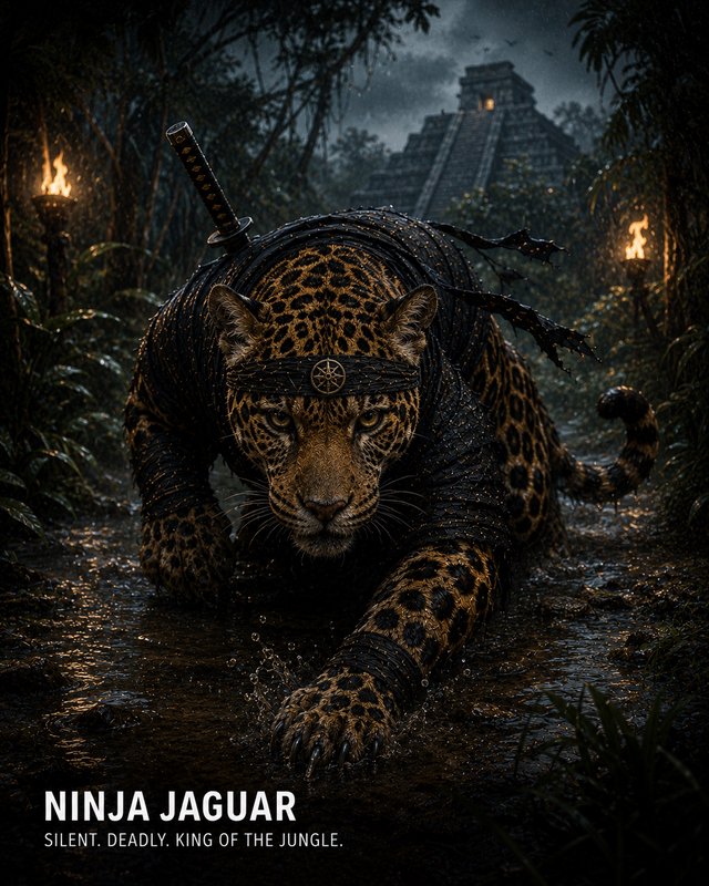 A jaguar wearing a ninja headband and sword prowls through a dark jungle, epic and ready for battle.