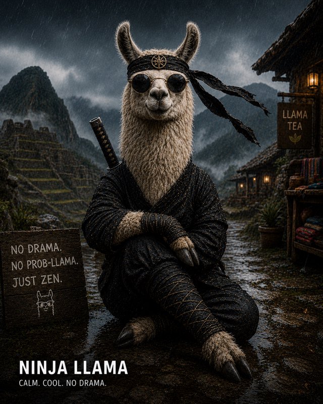 Ninja llama in the rain wearing sunglasses and a headband with a sword