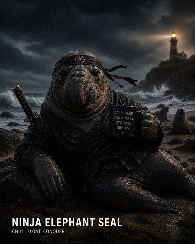 Ninja elephant seal on a rocky shore holding a mug under a stormy sky with a distant lighthouse.
