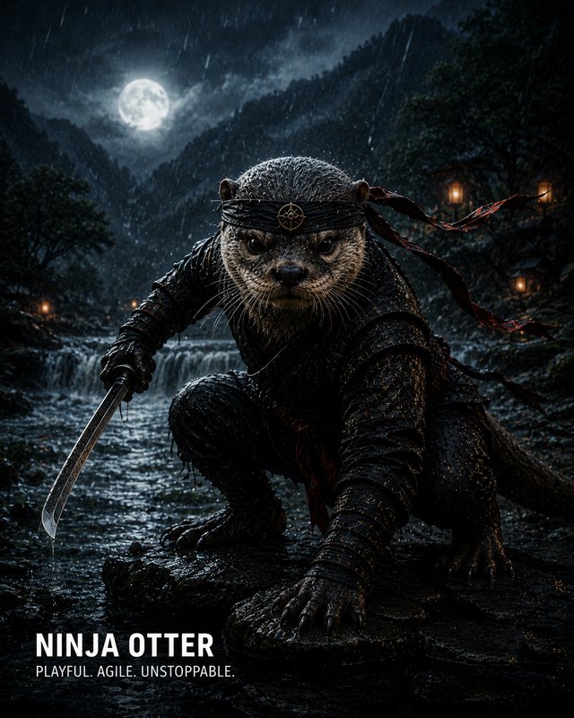 Otter in ninja armor wielding a curved sword under a moonlit night in a dark, rainy forest.