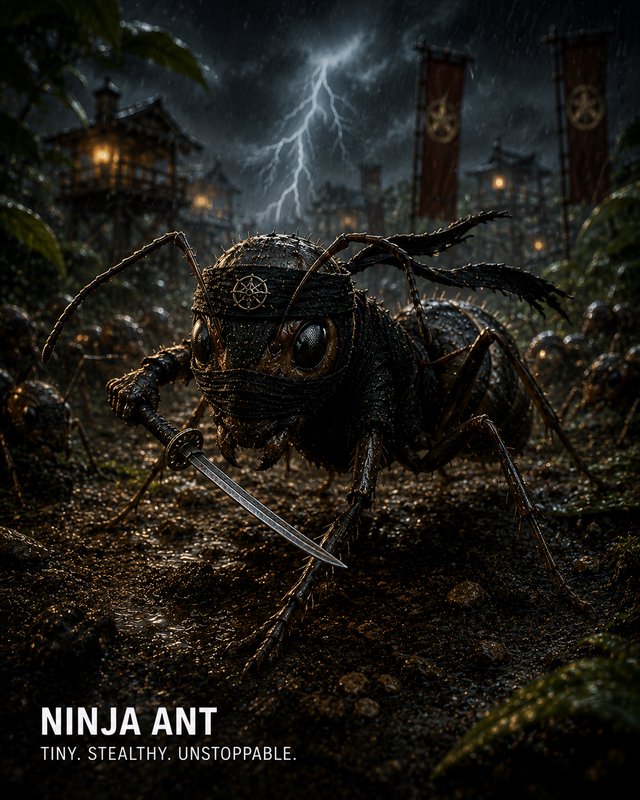 Dark, battle-ready ninja ant wielding a tiny sword under stormy night skies.