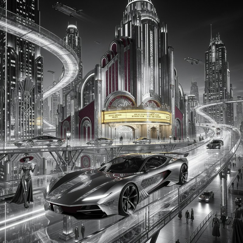 Futuristic silver sports car on elevated glass roadway in a neon-lit art deco cityscape.