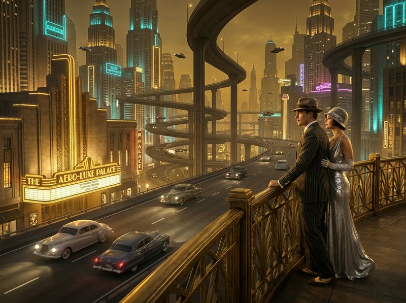 Couple in 1920s attire on a balcony overlooking a neon-lit, futuristic city with spiral elevated highways.