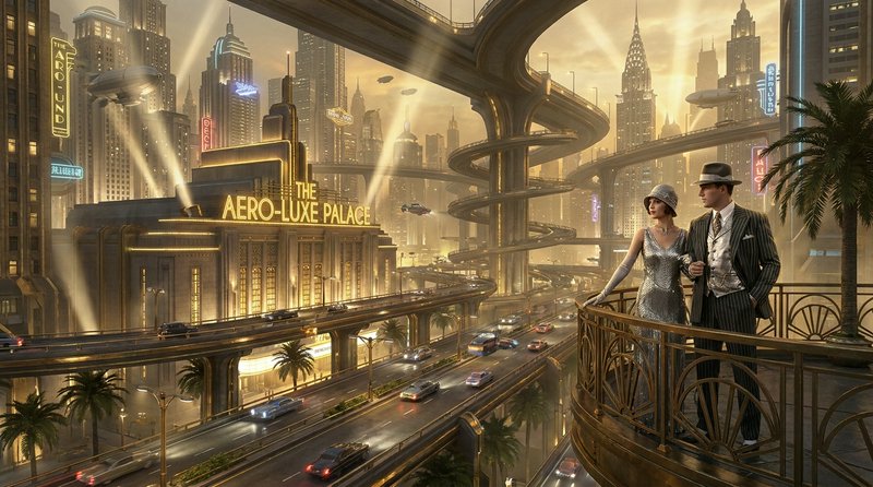A couple in 1920s attire gazes over a neon-lit futuristic cityscape with elevated highways and palm trees.