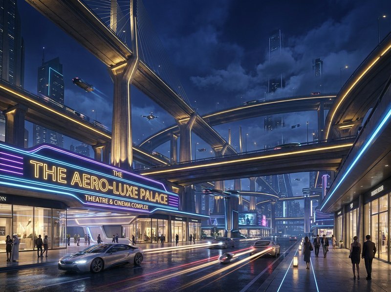 Futuristic cityscape with neon-lit cinema complex and elevated highways, night scene.
