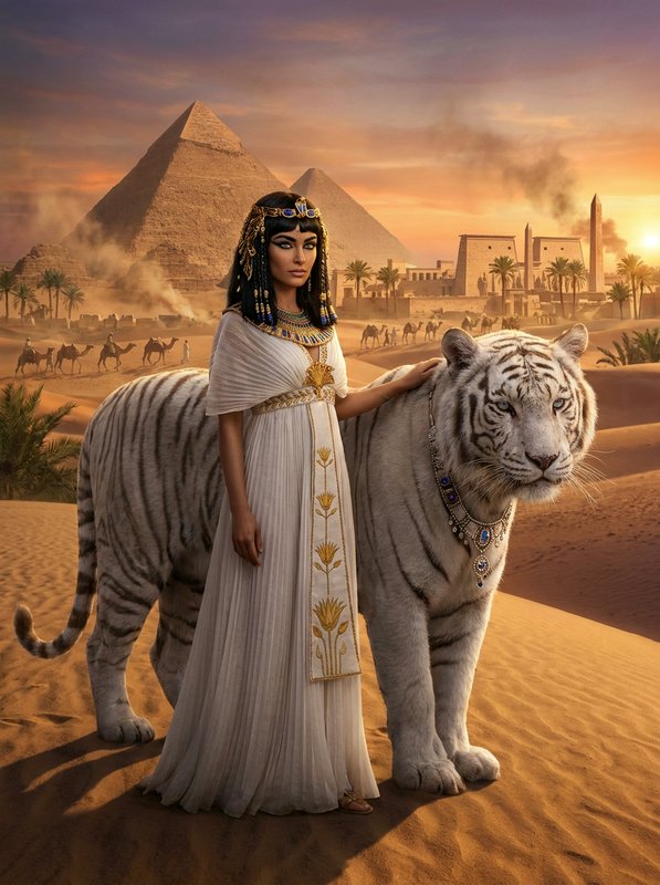 Ancient Egyptian-inspired woman in white gown with a regal tiger in a desert at sunset.