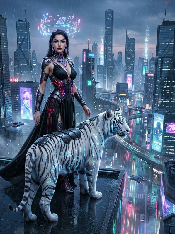 Futuristic female warrior in dark armor with a white tiger on a rainy neon city rooftop.