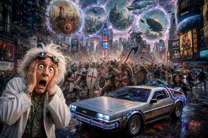 Frantic scientist with wild hair and goggles in a chaotic futuristic city as a DeLorean time machine speeds by.