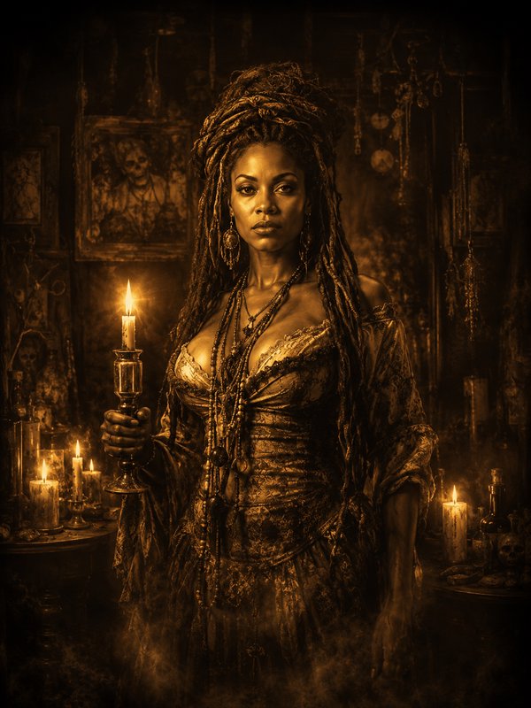Gothic fantasy portrait of a woman with dreadlocks holding a lit candle in a dim, candlelit room.