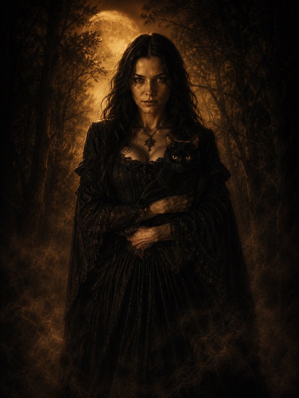 Gothic woman in a dark dress holding a cat, moonlit forest backdrop.