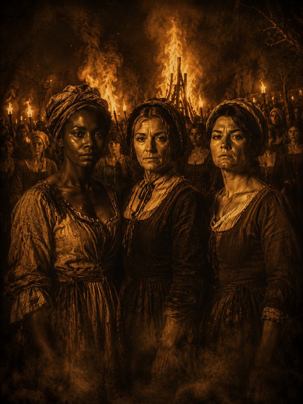 Three women in period dresses stand together during a torchlit night scene.