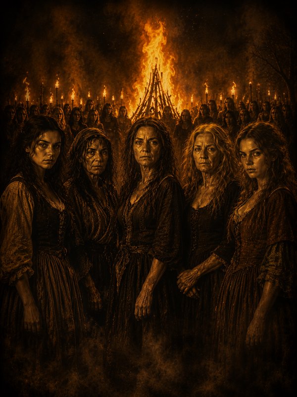A group of stern women in medieval dresses standing before a blazing bonfire at night.