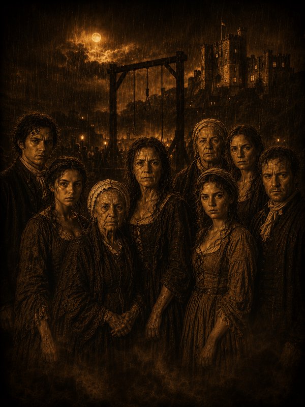 Group of distressed villagers in sepia tone at night with a gallows, moonlit castle, and smoky town in the background