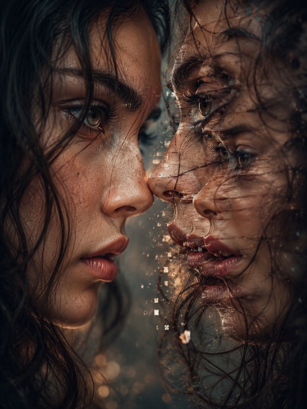 Close-up surreal double exposure portrait of a woman with wet dark hair next to her fractured, glitchy mirrored reflection.