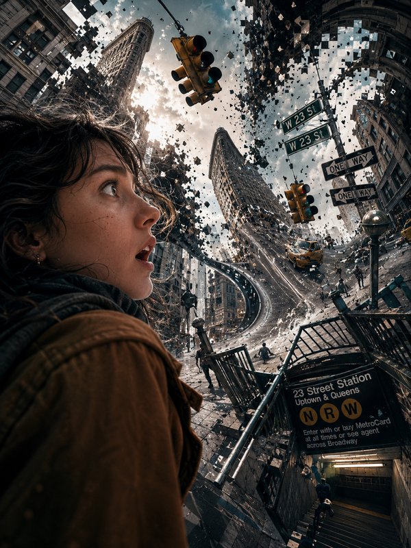 [Wide-eyed astonished woman looks up at a surreal glitching New York cityscape warping and dissolving into floating pixel ...