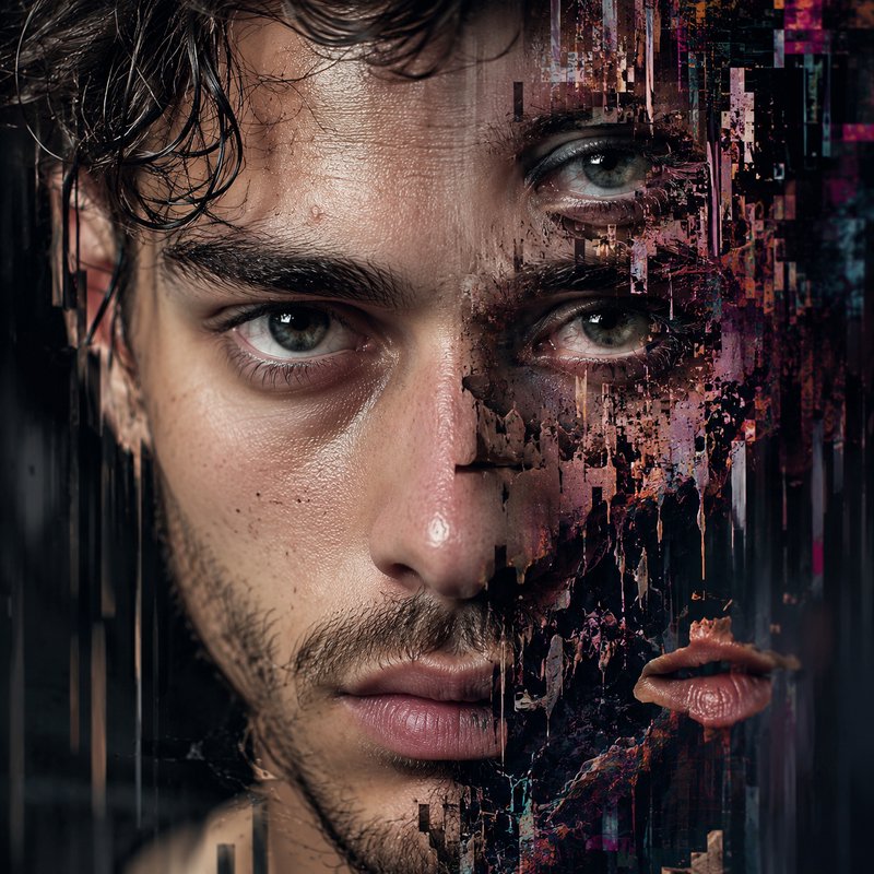 [Close-up portrait of a young man, half his face dissolving into glitch digital distortion, holding an intense direct gaze]