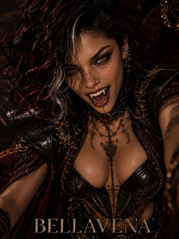 Close up portrait of fierce female vampire baring fangs, wearing ornate gothic armor, reaching toward the viewer.