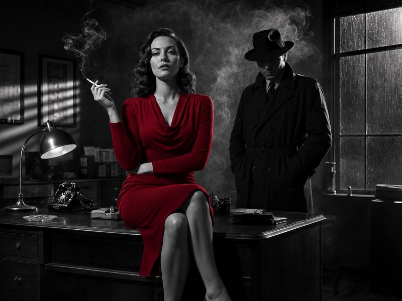 [Femme fatale in red dress holding a cigarette sits on a desk, shadowy detective stands behind her in a smoky rainy film n...