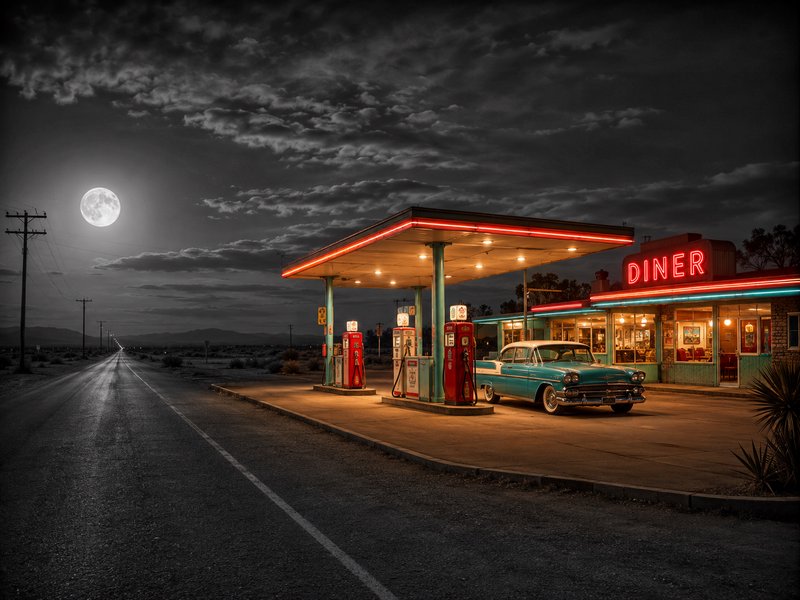 Full moon glowing over vintage desert gas station, neon diner, and classic turquoise sedan at night