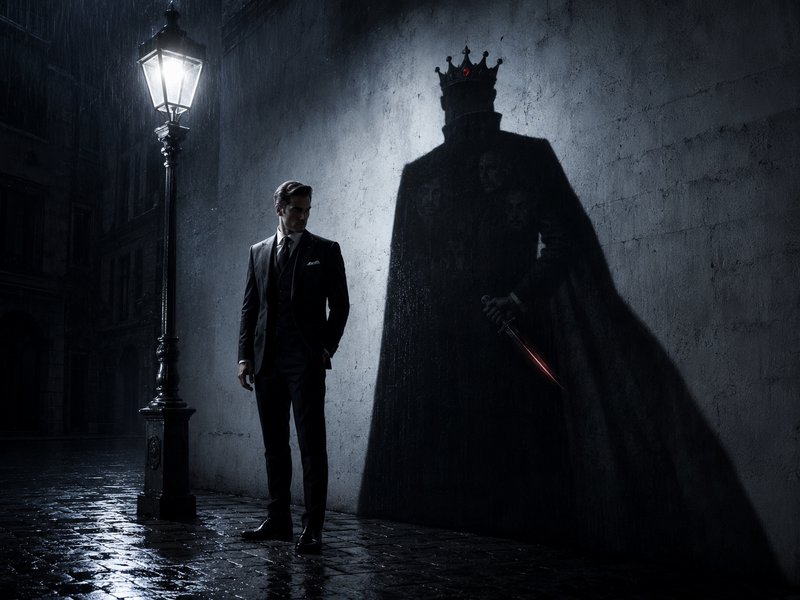 Man in a formal suit under a glowing rainy streetlamp casts a giant shadow of a crowned sword-wielding king on a wall.
