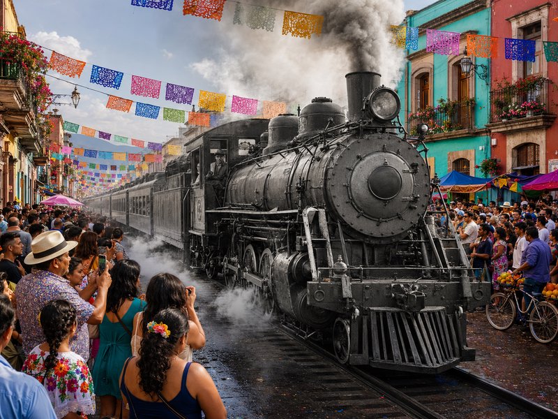 Vintage steam locomotive travels down a festive Mexican town street lined with crowds and bright papel picado banners.