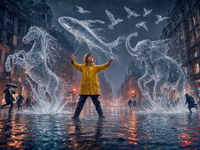 Smiling boy in a yellow raincoat summons magical water animal sculptures in a rainy historic city intersection at dusk.
