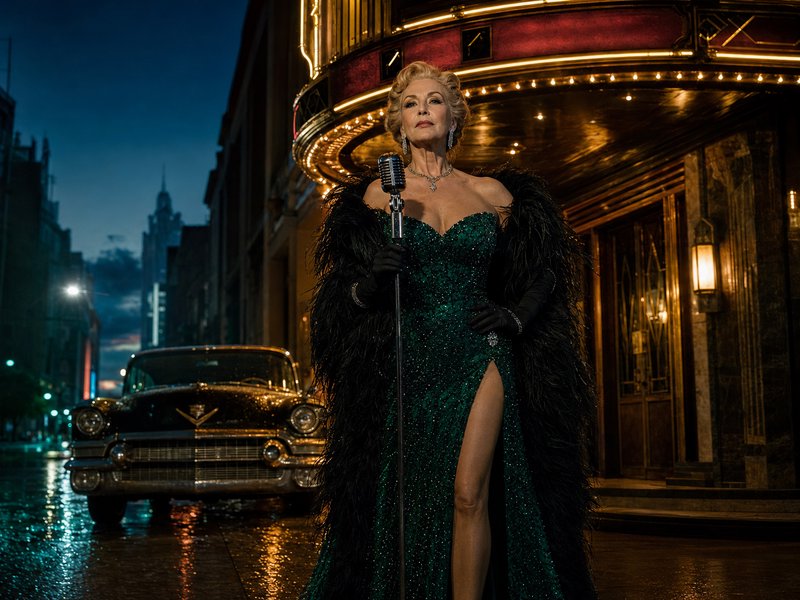 Glamorous vintage cabaret singer in a sparkling emerald gown holds a retro mic outside a lit art deco theater at dusk