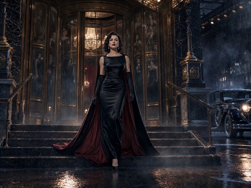 [Glamorous 1940s femme fatale in a black gown and cape descends grand art deco hotel stairs on a rainy film noir night.]