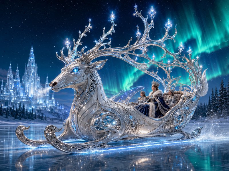 Ornate crystal reindeer sleigh carrying an ice queen glides on a frozen lake beneath northern lights, with a glowing