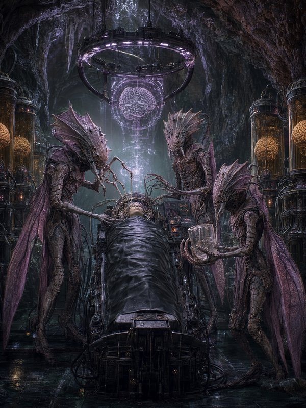 Three winged insectoid alien surgeons conduct a neural experiment on a human patient in a dark cavernous sci-fi lab.
