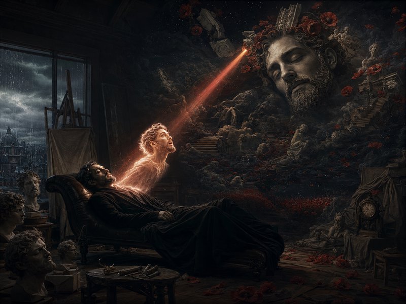 Surreal baroque artwork of reclining artist with glowing emerging spirit facing giant classical god figure in dark studio