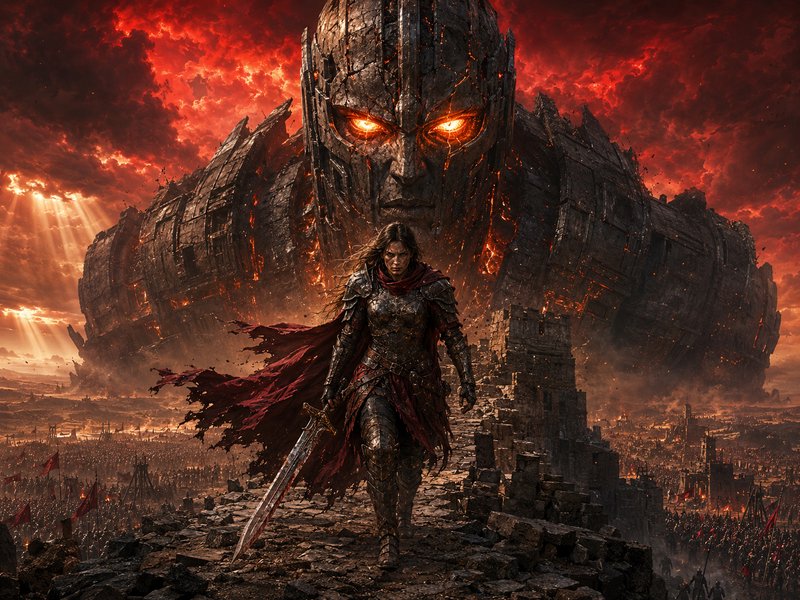 Armored female warrior with sword walks before a colossal glowing-eyed iron giant on a fiery apocalyptic battlefield