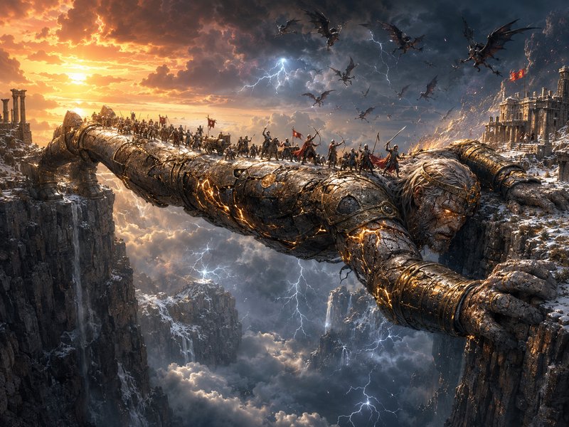 Colossal glowing cracked stone giant forms a bridge between cliffs, medieval armies cross, stormy sunset sky with