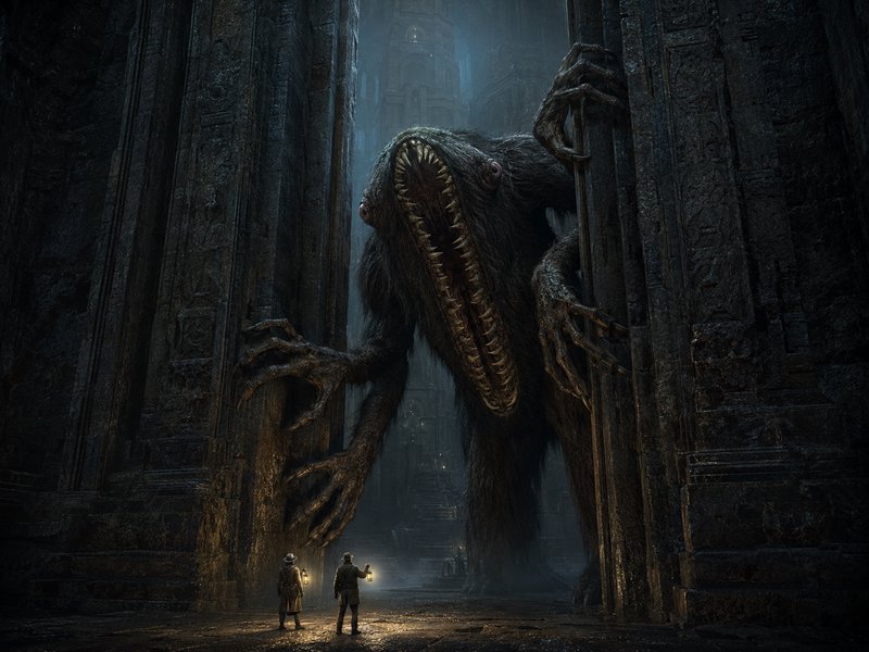 Towering grotesque fanged monster looms through carved stone temple doors facing lantern-carrying human explorers