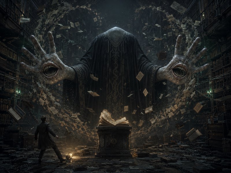 Headless robed eldritch library monster with toothy palms looms over a researcher beside a glowing open grimoire.