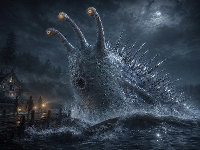 Giant spiked lake leviathan with three eye stalks emerges from dark moonlit water as lantern-carrying men watch from a woo...
