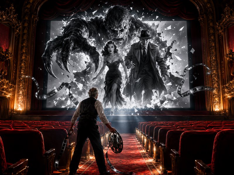 Projectionist stares as noir characters and a monster break through a movie screen inside an ornate vintage theater.