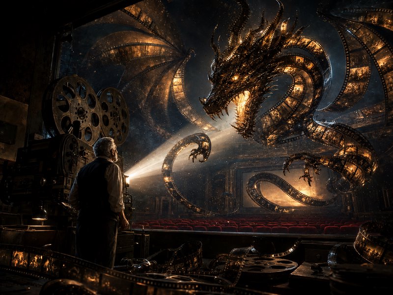 Senior projectionist stands by a vintage projector, watching a glowing dragon made of film strips emerge in an old theater