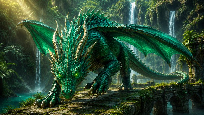 Majestic scaled emerald dragon with glowing green eyes stands guard on a mossy ancient stone bridge in a sunlit jungle