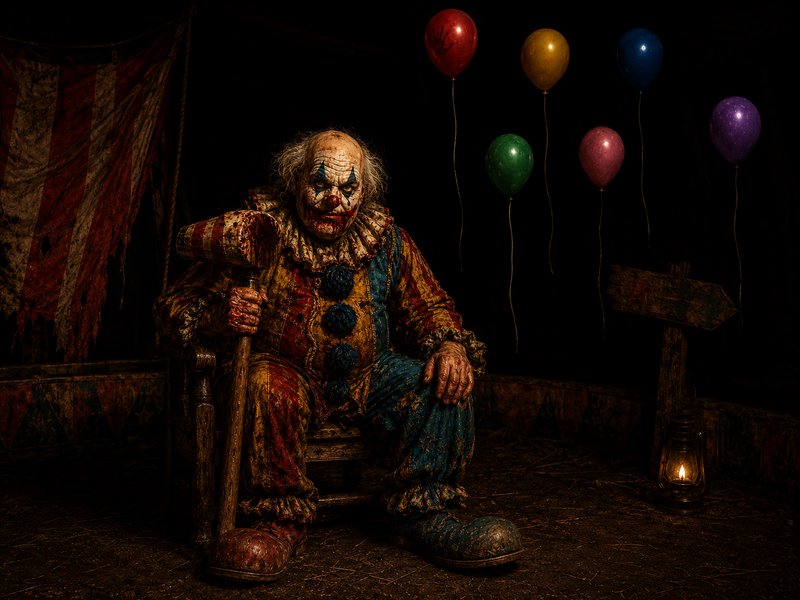 Menacing decaying evil clown holds a bloody mallet, seated in a dark abandoned circus tent with floating colorful balloons.