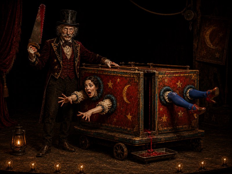 Elderly vintage ringmaster holds a bloodied saw beside a terrified assistant trapped in a sawing-in-half magic trick box