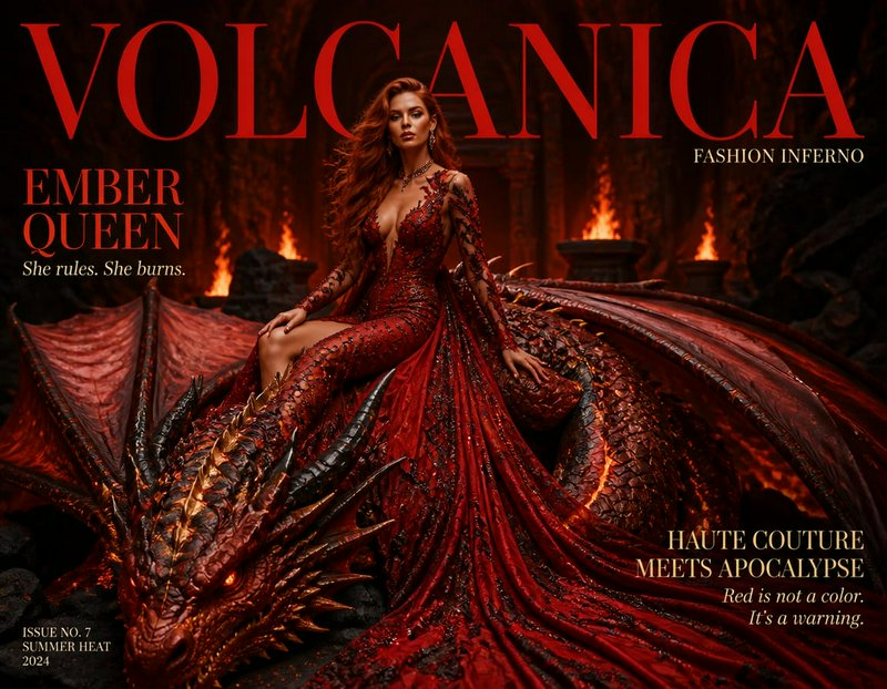 VOLCANICA fantasy fashion magazine cover: Ember Queen in an ornate red gown seated atop a fiery armored red dragon