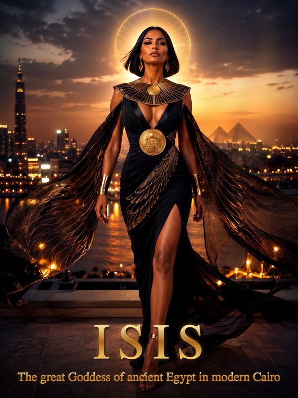 Divine depiction of Egyptian goddess Isis with glowing halo, standing against a sunset modern Cairo skyline with