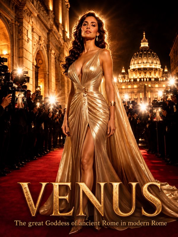 Cinematic poster of Roman goddess Venus in a shimmering gold gown walking a Rome red carpet premiere, surrounded by