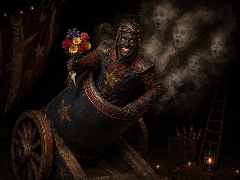 Grinning soot-covered human cannonball holds a flower bouquet while seated in a vintage circus cannon, ghostly shocked fac...