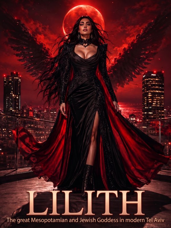 [Winged mythic goddess Lilith stands on a city rooftop under a glowing red blood moon, dramatic dark gothic fantasy art]